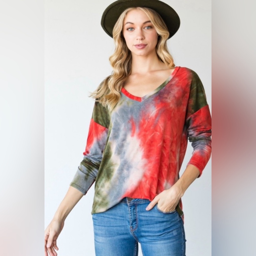 NEW CY Fashion Tie Dye Red & Green Long Sleeve Shirt